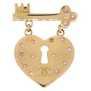 Chanel Heart Rhinestone Brooch Gold 02P XX92097